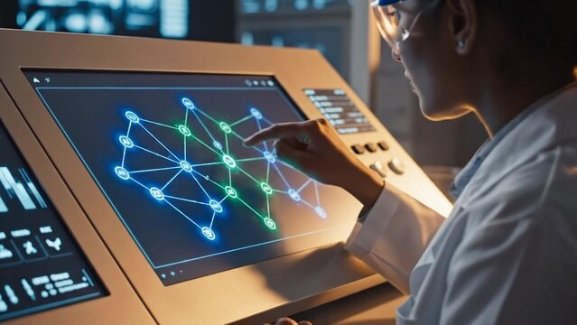 Scientist uses a touchscreen console to explore a glowing network diagram in a modern lab control room, focused and analytical mood, ideal for technology and research themes
