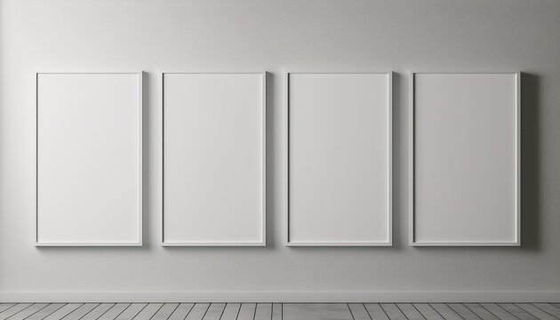 four vertical white frame on white wall poster mock up 3d illutation