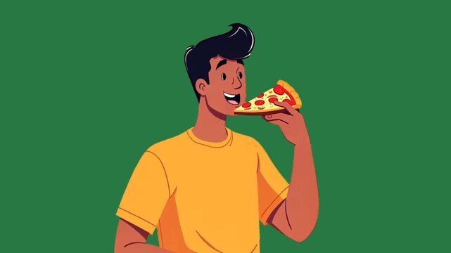 young man cartoon character holding and eating a slice of pizza animation on green screen background