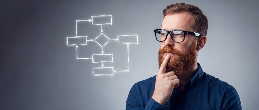 Developer in glasses looking at glowing software development flowchart for complex project