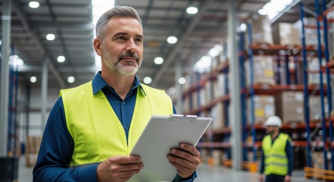 warehouse manager in safety vest holding clipboard in modern logistics facility, inventory inspection and supply chain management concept