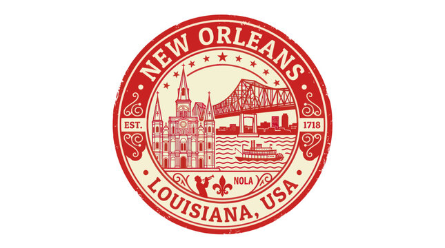 New Orleans Louisiana USA Emblem Stamp - French Quarter Mississippi River Bridge