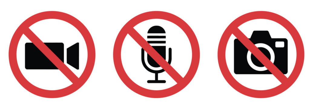 No record graphic set showcasing red crossed circle icons for camera off, mic mute, and audio video restriction symbols.