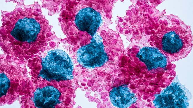 Detailed laboratory microscope slide displaying mitotic activity in ovarian cancer cells focusing on irregular blue nuclei and densely packed pink cytoplasm with scientific