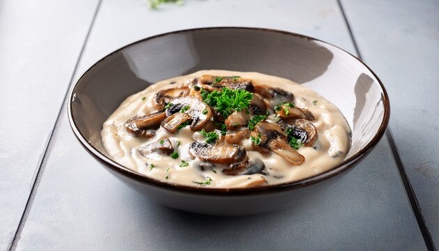 mushroom sauce and bowl closeup with champignon healthy cream recipe and meal delicious homemade pasta with parmesan creamy roasted