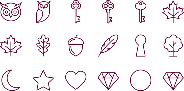 Collection of autumn nature symbols and objects icons on transparent background linear vector.