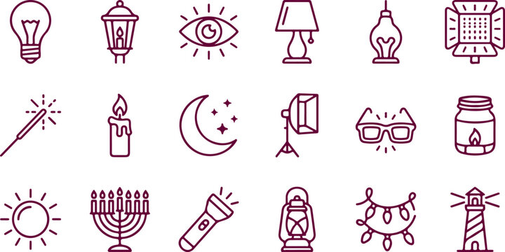 Collection of light and illumination related icons including lamps bulbs flashlight candle moon sun and lighthouse illustrations.