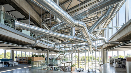 Naklejka premium A Complex Network Of Shiny Spiral Duct Pipes In Modern Open Concept Office Building Ceiling