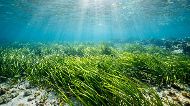 Serene Underwater Meadow Full Of Vibrant Green Seagrass Swaying Gently With Tidal Marine Ocean Currents