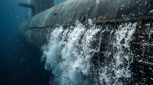 Detailed professional photograph of industrial submarine ballast tanks blowing high pressure white air underwater texture