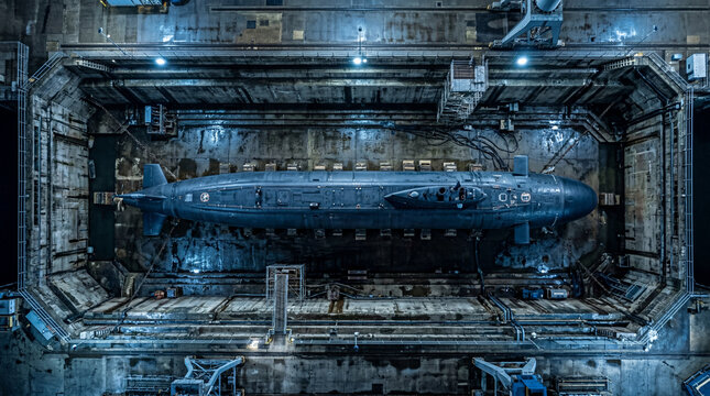 Aerial overhead perspective looking directly at large military vessel resting within shipyard repair station platform