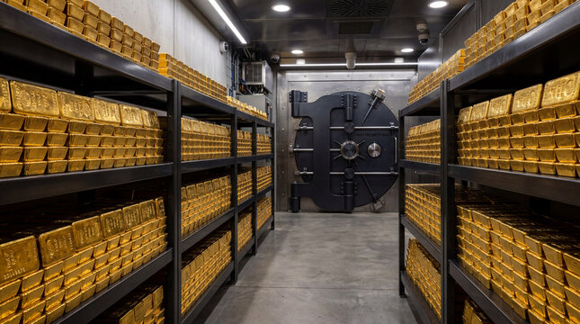 Wealth and security background featuring rows of gold bullion bars organized perfectly inside private vault