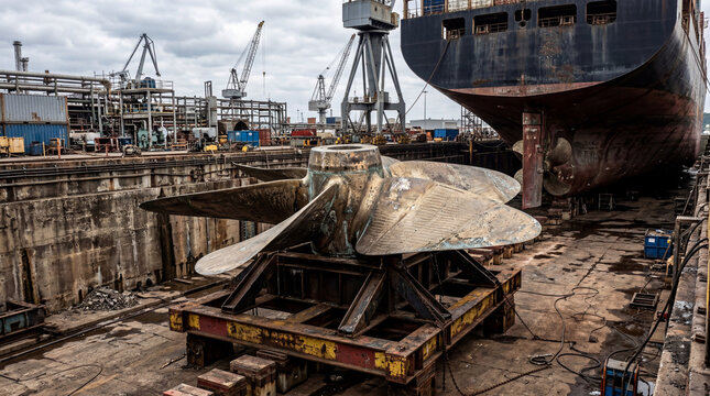 Large Maritime Vessel Propeller Maintained On Drydock Support Structure Within Modern Industrial Shipyard Repair Facility