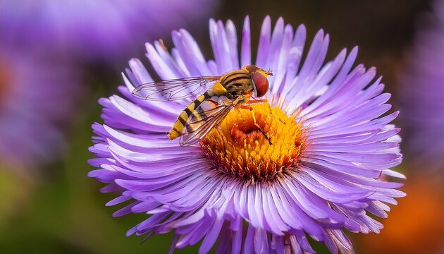 close up of hoverfly fon purple flower