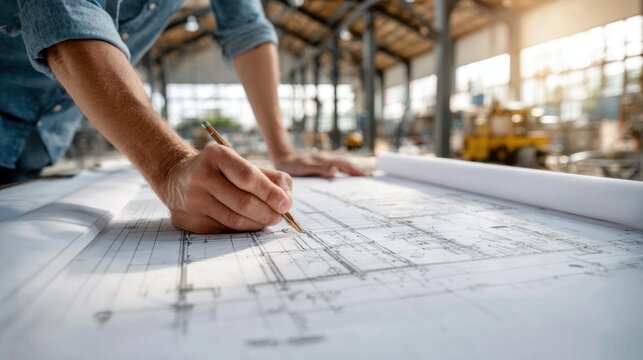 Architect sketching technical drawings with pen on large blueprint in industrial workspace. Building design, project development and construction planning concept