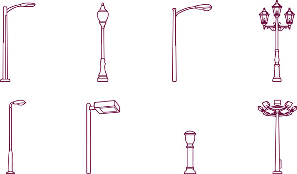 Assortment of street light icons showcasing various lampposts and light fixtures for urban lighting cityscape design and outdoor illumination elements.