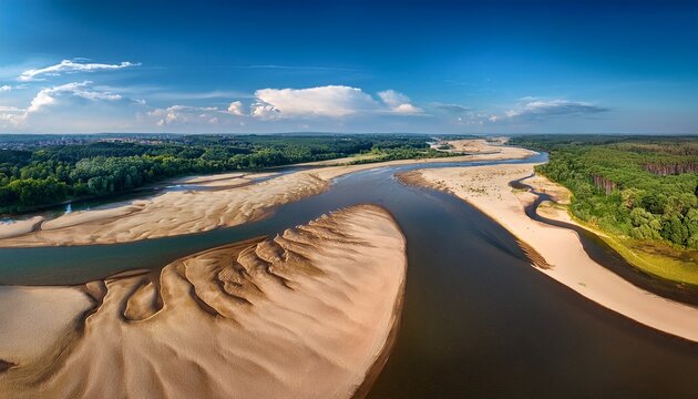 aerial panoramic view of dried riverbed during record summer drought historic low water level of the vistula river in poland