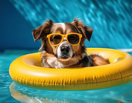 a stylish dog in sunglasses lounges on a yellow float in a sparkling pool embodying summer relaxation and canine coolness