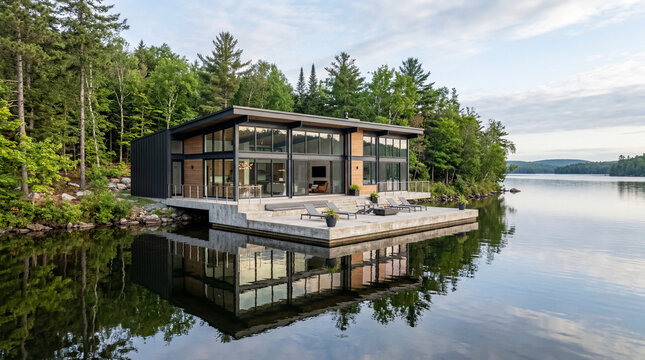 Modern lakeside luxury house featuring unique floating concrete deck paneling and expansive clear glass windows.