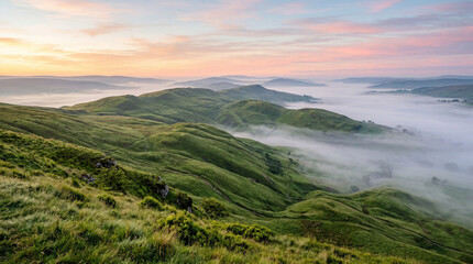 Fototapeta premium Scenic Vibrant Green Field Meadow Environment Glowing Under Colorful Early Morning Pastel Horizon Outdoor Atmosphere