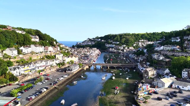 Looe Town Bridge River and Sea Aerial 4K