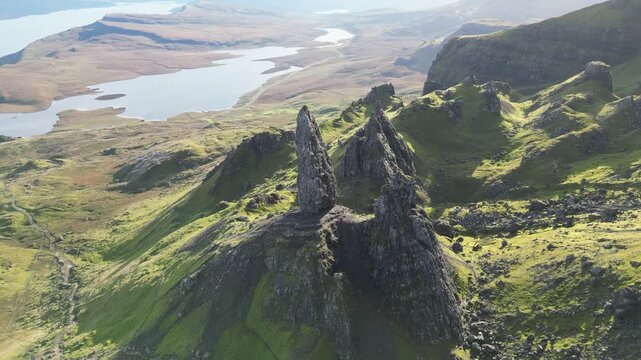 4K Aerial Tracking and Circle Shot at Scenic Viewpoint, Old Man of Storr, Isle of Skye, Scotland