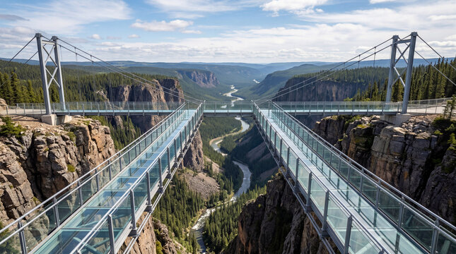 Conceptual modern architecture featuring two parallel glass sky bridges separated by a narrow middle gap