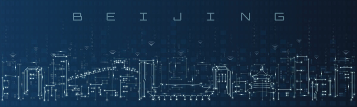 Beijing Smart City Skyline Vector in Circuit Board Style Futuristic Technology Background