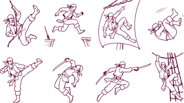 Pirates in dynamic action poses sword fighting and performing acrobatic moves on transparent background vector sketches.