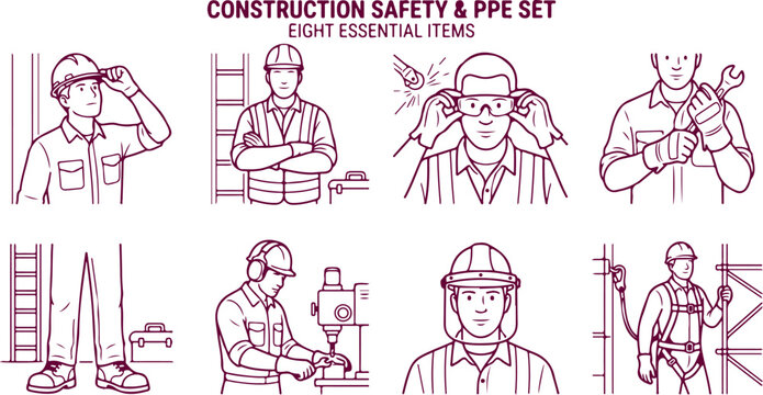 Construction safety and ppe set workers wearing protective gear hard hat glasses earmuffs harness illustration vector outline.