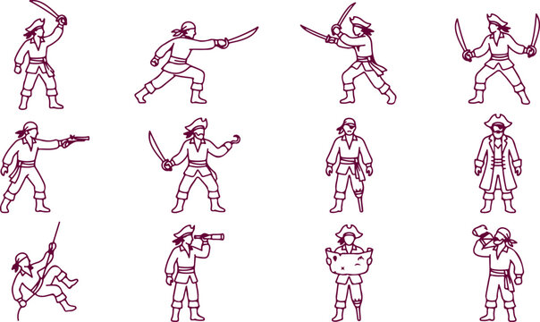 Collection of pirate character illustrations, showing various poses and actions like holding a pistol, hook hand, and map.