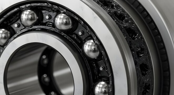 Close-up of a greased ball bearing with metallic spheres and inner rings, industrial machinery component