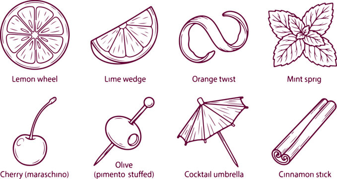 Cocktail garnishes and ingredients, featuring lemon wheel, lime wedge, orange twist, mint, cherry, olive, umbrella, and cinnamon stick.