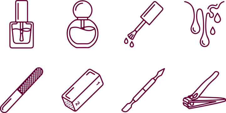 Manicure and nail care tools set including nail polish bottles, files, cuticle pusher, and clippers.