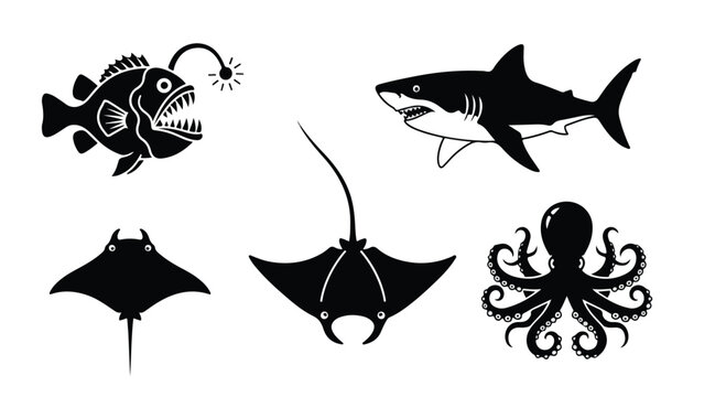Collection of various deep-sea marine animals including fish sharks rays and an octopus in underwater environment