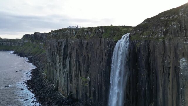 4K Video Aerial Drone Panning Up Shot at Kilt Rock Waterfall &ndash; Creag An Fh&egrave;ilidh, Isle of Skye, Scotland