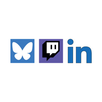 Row of three flat vector icons: Bluesky's white butterfly on a blue tile, Twitch's logo on a purple tile, and LinkedIn's standalone blue "in" logotype with a thin black outline.