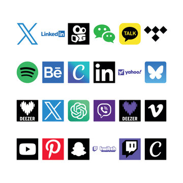 24 flat vector icons featuring X, LinkedIn, Kwai, WeChat, KakaoTalk, Tidal, Spotify, Behance, Canva, LinkedIn, Yahoo, Bluesky, Deezer, X, ChatGPT, Viber, Deezer, Vimeo, YouTube, Pinterest, Snapchat