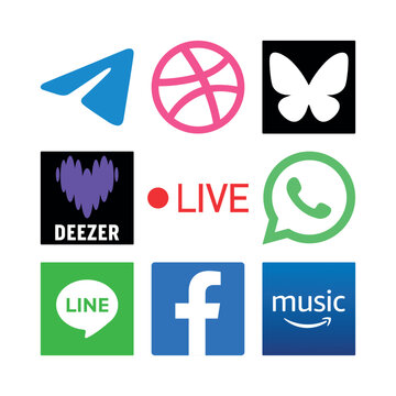 9 vector social media and tech icons, featuring Telegram, Dribbble, Bluesky, Deezer, a LIVE stream indicator, WhatsApp, LINE, Facebook, and Amazon Music.