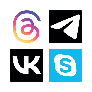 2x2 grid of four vector icons featuring Threads, Telegram, VK, and Skype. The layout includes standalone gradient symbols and white logos centered on solid black or blue square backgrounds.