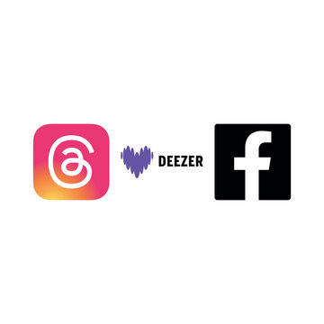 A horizontal 1x3 grid of vector social media and streaming app icons featuring the Threads logo, the Deezer brand mark, and a dark-mode Facebook logo. This asset is ideal for digital marketing, UI/UX 