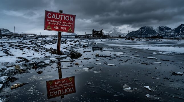 Environmental warning sign in a bleak snowy industrial area with factory silhouette on the horizon pollution industrial environment