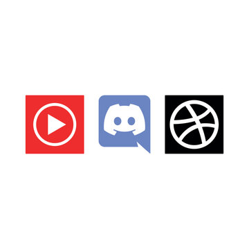 Row of three flat vector icons: a white play button on a red square, Discord's white logo in a blurple speech bubble, and Dribbble's white logo on a black square.