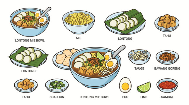 Lontong mie Indonesian noodle soup ingredients illustration
