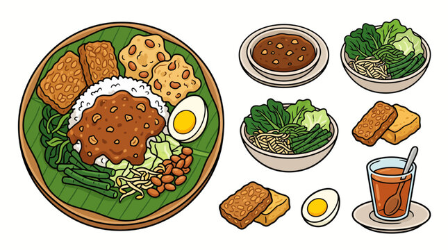 Nasi pecel Indonesian vegetable rice with peanut sauce illustration