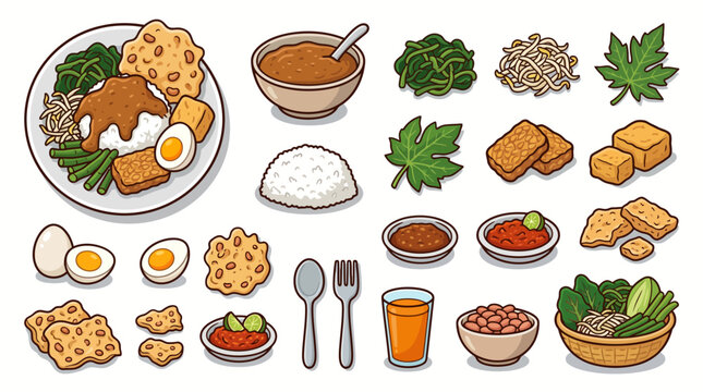 Nasi pecel Indonesian vegetable rice with peanut sauce illustration