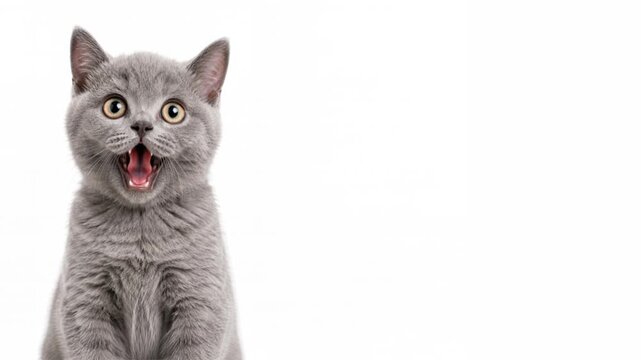 Shocked reaction gray cat with open mouth and copy space, horizontal video