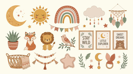 Boho Nursery Decor Elements: Sun, Moon, Rainbow, Animals, Dreamcatcher, Bunting © onad