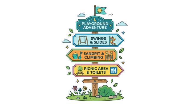 Playground Adventure Signpost: Swings, Slides, Sandpit, Picnic Area, Toilets