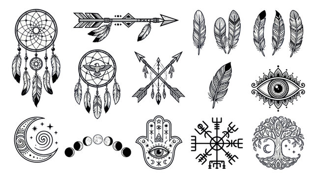 Bohemian Symbols: Dreamcatcher, Hamsa, Evil Eye, Moon, Feathers, Arrows, Rune